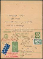 1929 Díjjegyes válaszos légi levelezőlap, mindkét része felhasználva, többféle bélyegzéssel / Airmai...