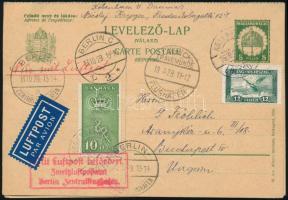 1929 Díjjegyes válaszos légi levelezőlap, mindkét része felhasználva, többféle bélyegzéssel / Airmai...