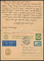 1929 Díjjegyes válaszos légi levelezőlap, mindkét része felhasználva, többféle bélyegzéssel / Airmai...