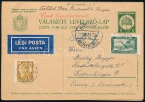 1929 Díjjegyes válaszos légi levelezőlap, mindkét része felhasználva, többféle bélyegzéssel / Airmai...