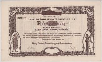 1923. Budapest "Tihany Balatoni Fürdő- és Gyógytelep Részvénytársaság" részvénye 10.000K-r...