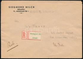 1946 (15. díjszabás) Ajánlott levél 24 db bélyeggel az Egyesült Államokba / Registered cover with 24...