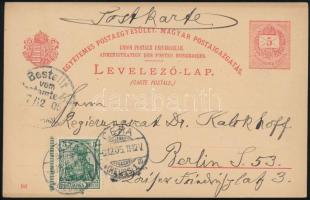 1905 Magyar 5kr díjjegyes millenniumi levelezőlap Németországban felhasználva német bélyeggel / Hung...