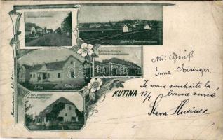 1899 Kutina, Kirchengasse, Schloss, Hotel Kaiser, Post und Telegrafenamt / utca, kastély, posta és távirda hivatal, vasútállomás, szálloda / street, castle, post office, railway station, hotel. Art Nouveau, floral (r)