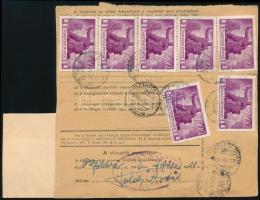 1946 (7. díjszabás) Csomagszállító 10 db Újjáépítés bélyeggel és 5 db okirati illetékbélyeggel