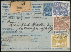 1919 Szállítólevél 3 db csehszlovák bélyeggel, "ZSOLNA" bélyegzéssel / Parcel card with Cz...