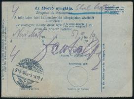 1919 Szállítólevél 3 db csehszlovák bélyeggel, "ZSOLNA" bélyegzéssel / Parcel card with Cz...