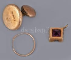 Arany (Au) karika, 14k + arannyal lemezelt gomb bruttó 1,47g + arany (Au) kis sérült medál kő berakással