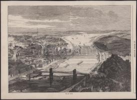 cca 1857 Pest és Buda látképe a Lánchíddal, rotációs fametszet a Le Monde Illustré c. francia lapból, 25,5x35,5 cm