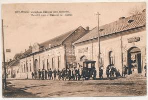 1928 Királyhelmec, Helmec, Kralovsky Chlumec; városháza Rákóczi utca részlettel, H. Prero Henrik üzlete, autóbus. Klein József kiadása / town hall, shop, autobus (EB)