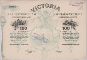Budapest 1896. "Victoria Naphtatermelési Részvénytársaság" részvénye 100Ft-ról, szárazpecs...