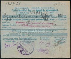 1920 Postautánvételi lap 130K bérmentesítéssel, postatakarék-pénztári bélyegzéssel