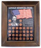 Amerikai Egyesült Államok 1958 k-1972. 1c bronz "Lincoln" (32xklf) "Lincoln Memorial Coins" fa keretben T:UNC-XF patina USA 1958 cca-1972. 1 Cent bronze "Lincoln" (32xdiff) in "Lincoln Memorial Coins" wooden frame C:UNC-XF patina Krause KM#132, KM#201