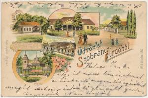 1900 Szobránc, Szobráncfürdő, Kúpele Sobrance; Orvos lak, Vendéglő, Fürdőház, Gyógykút, Kastély. Klein Ignác, W.G. kiadása / spa, doctor's villa, bathhouse, spring source, castle. Art Nouveau, floral (Rb)