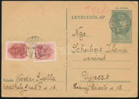 1945 Díjjegyes levelezőlap 20f és 30f portóbélyeggel + kézi 50f portóval (hajtott / folded)