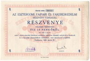 1926. Esztergom "Az Esztergomi Faipari És Fakereskedelmi Részvény-Társaság" részvénye 10P-ről "0045", szárazpecséttel és szelvényekkel T:AU