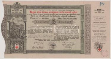 1882. Budapest "Magyar szent korona országainak vörös-kereszt egylete" kisorsolási kötvénye 5Ft értékben, bélyegzésekkel T:F szép papír
