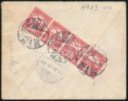 1916 Levél hátoldali Turul 10f négyescsíkkal bérmentesítve, "PÉCS" - " KOPRIVNICA"