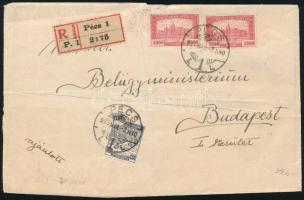 1925 Ajánlott levél 2 x 2000K és 500 K + hátoldali 2 x 300K és 2 x 200K bérmentesítéssel, "PÉCS" - Budapest (hajtott / folded)