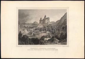 Ludwig Rohbock (1820-1883) - Georg Michael Kurz (1815-1883): Törcsvár a Törcsvári szorosban (Schloss Törtzburg im Törtzburger Pass), Erdély. Acélmetszet, papír, jelzett a metszeten, 12,5x16,5 cm