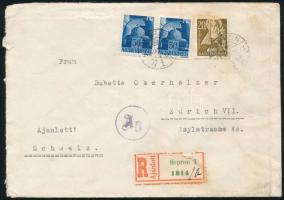 1945 Ajánlott cenzúrázott levél Svájcba, két érkezési bélyegzéssel, az egyik hibás évszámmal (1944), "SOPRON" - "ZÜRICH"