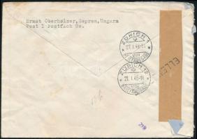 1945 Ajánlott cenzúrázott levél Svájcba, két érkezési bélyegzéssel, az egyik hibás évszámmal (1944),...