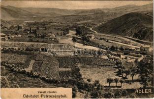 1911 Petrozsény, Petrosani; Vasúti részlet, gőzmozdony, vonat. Adler fényirda 1909. / railway tracks, locomotive, train + "PETROZSÉNY - PISKI 128 A" vasúti mozgóposta bélyegző "PETROZSÉNY P.U." (fl)