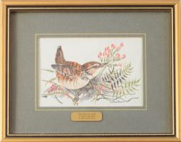 Veréb, hímzett selyem kép. 10x8 cm Üvegezett keretben 19x15 cm