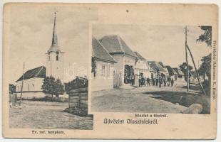 Olasztelek, Talisoara; Református templom, Fő út, üzlet. Habermann K. fényképész (Brassó) / Calvinist church, main street, shop (EB)