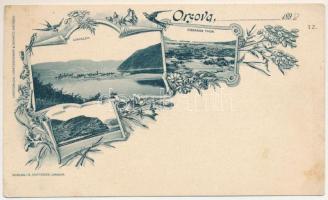 1898 Orsova, Ada Kaleh, Vaskapu-szoros, Grében-sziklaszirt / Adakaleh, Eisernes Thor, Greben. Verlag G. Hutterer. Lichtdruck Kretzschmar &amp; Schatz Art Nouveau, floral (felületi sérülés / surface damage)