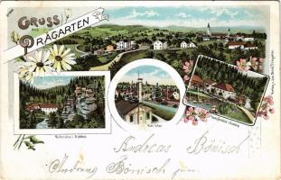 Prägarten, Pregarten; Notmühle im Aistthal, Aist-Ufer, Kumpfmühle. Jos. Meisl / mills, view, bridge. Art Nouveau, floral, litho (EM)