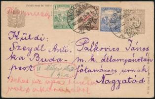 1922 Díjjegyes levelezőlap Arató 50f + 1K + 5K díjkiegészítéssel, "BUDAPEST" - Nagyatád