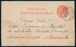 1898 Díjjegyes zárt levelezőlap Romániába küldve, "BERETHALOM"