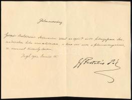 1903 Dég, tolnai gróf Festetics Pál (1841-1924) cs. és kir. kamarás, valóságos belső titkos tanácsos, m. kir. főkamarás autográf aláírása felmentvényen