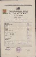 1925 Bp., felső kereskedelmi iskolai bizonyítvány Mustó Béla igazgató és (Baránszky)-Jób László (1897-1987) esztéta, irodalomtörténész, egyetemi tanár aláírásával, 5000K okmánybélyeggel