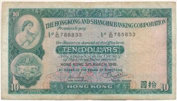 Hongkong 1981. 10$ "G/62 785833" T:F Hong Kong 1981. 10 Dollars "G/62 785833" C:F Krause P#182