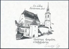 Somogyi Győző (1946-): Unitárius templom Székelyderzs, ex libris Kundermann Jenő, klisényomat, papír...