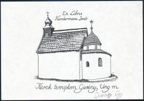 Somogyi Győző (1946-): Kerek templom, Gerény, Ung megye, ex libris Kundermann Jenő, klisényomat, pap...