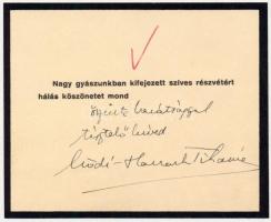 Erődi-Harrach Tihamér (1885-1947) ügyvéd, országgyűlési képviselő, kormányfőtanácsos autográf aláírása részvétnyilvánítást köszönő kártyán, 9x11 cm