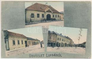 1912 Lippa, Lipova; Községháza, Hirschmann Ignác, Spitzer Jakab üzlete. Konstantin Sándor kiadása / town hall, shops (fl)