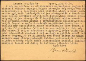 1938 Bp., Beke Ödön (1883-1964) nyelvész, finnugrista, egyetemi tanár, az MTA tagja autográf aláírása gépelt levelén Sziklay László (1912-1987) író, irodalomtörténész részére
