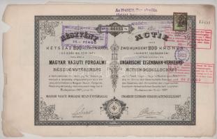 1897. Budapest "Magyar Vasuti Forgalmi Részvénytársaság" részvénye 200K-ról, szelvényekkel, bélyegzésekkel, osztrák okmánybélyeggel, "06425" T:VG