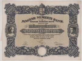 1924. Budapest "Magyar Nemzeti Bank" részvény 100K-ról "050.544" szárazpecséttel, vízjeles papíron T:XF Hungary 1924. "Magyar Nemzeti Bank (Hungarian National Bank)" Hungarian National Bank share about 100 Korona "050.544" with embossed stamp on watermarked paper C:XF