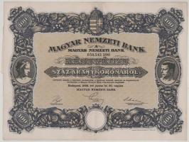 1924. Budapest "Magyar Nemzeti Bank" részvény 100K-ról "050.545" szárazpecséttel, vízjeles papíron T:XF Hungary 1924. "Magyar Nemzeti Bank (Hungarian National Bank)" Hungarian National Bank share about 100 Korona "050.545" with embossed stamp on watermarked paper C:XF