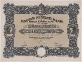 1924. Budapest "Magyar Nemzeti Bank" részvény 100K-ról "050.546" szárazpecséttel, vízjeles papíron T:XF Hungary 1924. "Magyar Nemzeti Bank (Hungarian National Bank)" Hungarian National Bank share about 100 Korona "050.546" with embossed stamp on watermarked paper C:XF