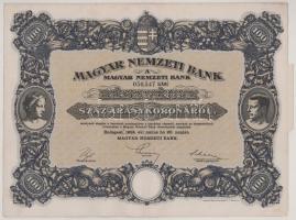 1924. Budapest "Magyar Nemzeti Bank" részvény 100K-ról "050.547" szárazpecséttel, vízjeles papíron T:XF Hungary 1924. "Magyar Nemzeti Bank (Hungarian National Bank)" Hungarian National Bank share about 100 Korona "050.547" with embossed stamp on watermarked paper C:XF
