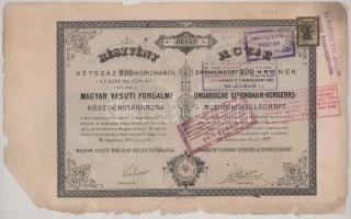1897. Budapest "Magyar Vasuti Forgalmi Részvénytársaság" részvénye 200K-ról, szelvényekkel...