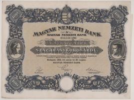 1924. Budapest "Magyar Nemzeti Bank" részvény 100K-ról "050.550" szárazpecséttel, vízjeles papíron T:XF Hungary 1924. "Magyar Nemzeti Bank (Hungarian National Bank)" Hungarian National Bank share about 100 Korona "050.550" with embossed stamp on watermarked paper C:XF