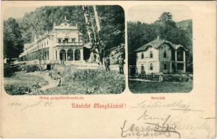 1900 Menyháza, Monyásza, Moneasa; Meleg gyógyfürdő szálloda, Sata lak / spa, bathhouse and hotel, villa + "GURAHONCZ - ARAD 69. SZ." vasúti mozgóposta bélyegző