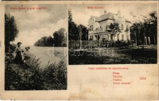1910 Göd, Duna részlet a gödi szigettel, Roth nyaraló, villa, gödi családiház és nyaralótelep, posta, távirda, telefon, vasútállomás. Sződrákosi és Gödi tégla- és cementlapgyárak kiadása + "Göd Nyaralótelep postai ügyn." (fl)